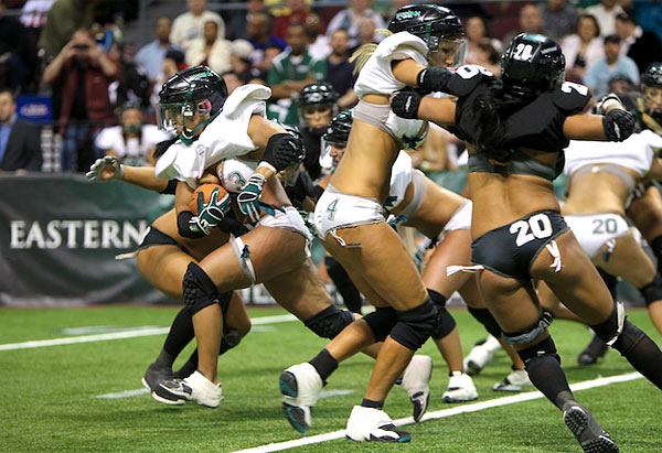 Jenny Butler and the Passion were held to 66 yards rushing in their 28-6 loss to the Temptation in Lingerie Bowl IX. (Photo courtesy of LFL Photos)
