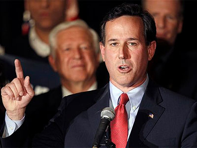 Republican presidential candidate former Pennsylvania Sen. Rick Santorum speaks during a primary night watch party Tuesday, Feb. 7, 2012, in St. Charles, Mo.  (AP Photo / Jeff Roberson)