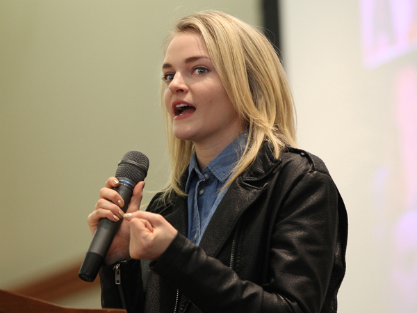 Madeline Brewer, who starred in the netflix series "Orange is the New Black" speaks to students at the S.U.R.E. Student Summit at Rowan University. The Annual S.U.R.E. (Schools United for Respect and Equality) Student Summit will feature Pitman High School graduate and Hollywood actress Madeline Brewer and Freeholder Adam Taliaferro, who will speak about overcoming obstacles and becoming stronger through adversity and perseverance based upon his own personal experiences. (MICHAEL BRYANT/Staff Photographer)