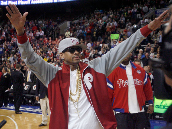 Allen Iverson and his bobblehead appear at Sixers game
