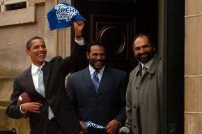 Sen. Barack Obama leaves a campaign stop in Pittsburgh, the Soldiers and Sailors Memorial Hall. Pittsburgh Steelers greats Jerome Bettis (second from left) and Franco Harris left with him, along with Sen. Bob Casey (out of frame). 