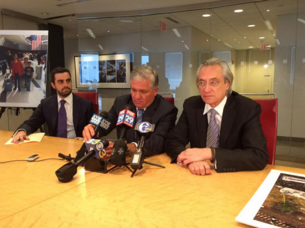 Attorneys Bob Zimmerman, left; Robert Mongeluzzi, center; and Tom Kline, right, announce a federal lawsuit they filed today against Amtrak for last week´s deadly derailment. DANA DiFILIPPO / Staff