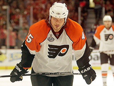 Philadelphia Flyers Arron Asham reacts after scoring a goal in the