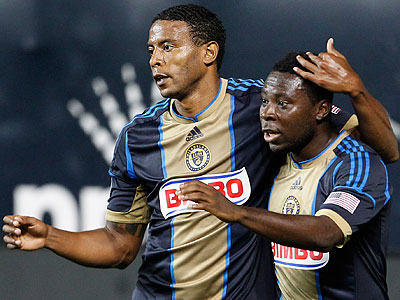 Freddy Adu (right) scored two goals for the Union against Rochester. (Ron Cortes/Staff Photographer)