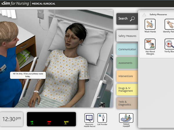 A screen shot of a virtual scenario to train nurses in how to care for medical-surgical patients. The product from Wolters Kluwer Health is called vSim for Nursing.