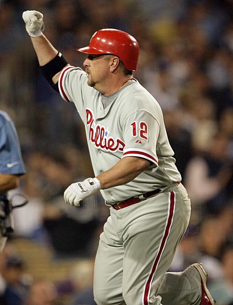 Matt Stairs celebrates 2-run, eighth-inning homer that gave the Phillies the lead en route to a 7-5 win over the Dodgers in Game 4 of the 2008 NLCS.