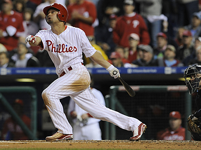 Shane Victorino watches his grand slam fly into the left field seats in the second inning. (Ron Cortes/Staff Photographer)