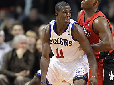 Philadelphia 76ers rookie Jrue Holiday, left, defends Louis Williams during  a drill on the first day of Sixers training camp, Tuesday, September 29,  2009, at Saint Joseph's University in Philadelphia, Pennsylvania.  (Photo