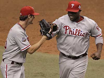 Oct 29, 2008 - Philadelphia, Pennsylvania, USA - Phillies JIMMY ROLLINS  holds the World Series trophy next to BRETT MYERS at Citizens Bank Park.  The Philadelphia Phillies faced the Tampa Bay Rays