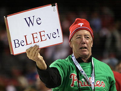 Phillies fan expresses his faith in Cliff Lee and the Phillies during Game 5 of the World Series at Citizens Bank Park. (Yong Kim / Staff Photographer) 