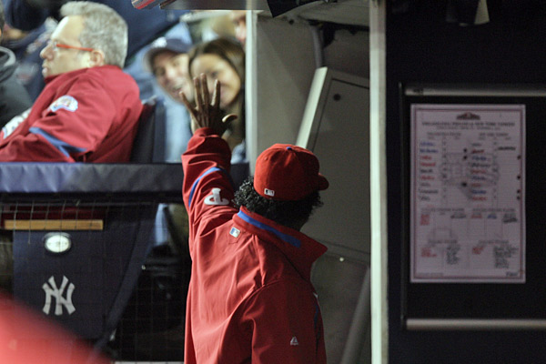 Pedro Martinez waves good-bye after being replaced by Chad Durbin in the 5th inning of the Phillies&acute; 7-3 loss in Game 6 of the 2009 World Series at Yankee Stadium. (Yong Kim / Staff Photographer) 