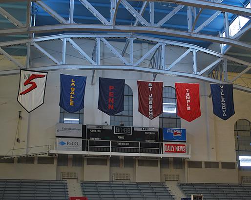 The Big 5 banners in the Palestra rafters.