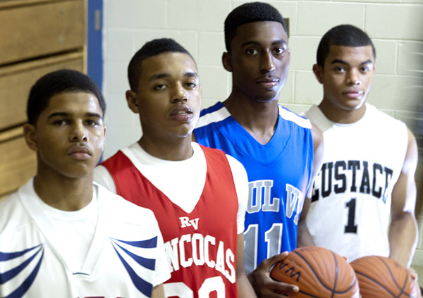 Point guards (from left) Tyrell Maloney of Willingboro, Tariq Jett of Rancocas Valley, Ron Curry of Paul VI and Carson Puriefoy of Bishop Eustace.  (David M Warren / Staff Photographer)