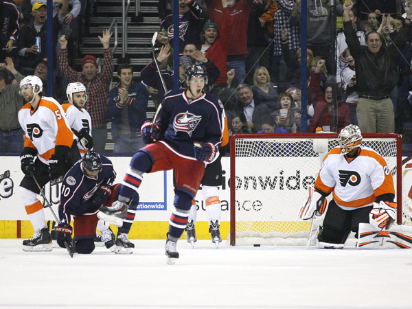 Blue Jackets´ Ryan Johansen (19) celebrates a goal against Philadelphia Flyers goalie Ray Emery (29) during the first period of an NHL hockey game on Saturday, Dec. 21, 2013, in Columbus, Ohio. (Mike Munden/AP)