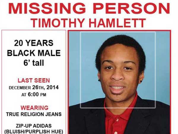 Part of a missing-person flyer being distributed for Timothy Hamlett, a former member of the University of Pennsylvania´s track and field team who was reported missing from his North Jersey hometown.