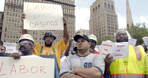 Several hundred people yesterday protested delays in building casinos in Philadelphia. Most were members of a labor and trade union coalition called Build Them Now!