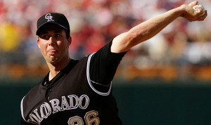 Rockies starter Jeff Francis delivers a pitch in the first inning. He struck out the first four Phillies batters. In six innings of work, he allowed four hits and two runs and struck out eight.