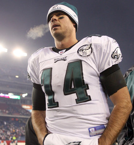 A.J. Feeley walks off field after 31-28 loss to Patriots. Feeley should get the next start, vs. Seahawks.