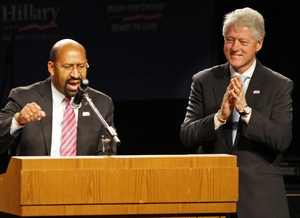 Mayor-elect Michael Nutter endorses Sen. Hillary Rodham Clinton at a fund-raiser/rally attended by about 1,000 people at the Electric Factory. With him was former President Bill Clinton.