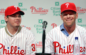 Meet the new guys: Chad Durbin and Geoff Jenkins (right) try on their Phillies uniforms. Durbin will compete for the fifth starter's job, while Jenkins looks forward to using his power at the Bank.