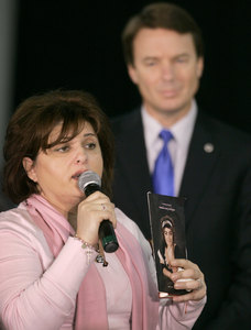During a campaign stop in Lakeport, N.H., for presidential hopeful John Edwards, Hilda Sarkisyan tells how insurer Cigna said no to a liver transplant for her daughter, Nataline, 17. The girl died.