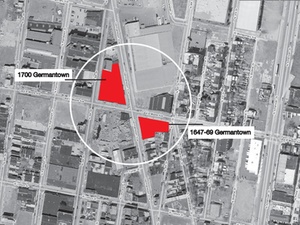 Home(scale) The proposed site of the High Town development straddles the intersection of Germantown Avenue, running north-south, and Cecil B. Moore Avenue.