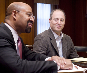 Andrew Altman (right), the city's new commerce director, sits with Mayor Nutter yesterday in the mayor's City Hall office.