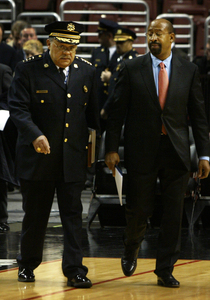 Police Commissioner Charles H. Ramsey and Mayor Nutter enter the Wachovia Center for Ramsey's presentation of his plan.