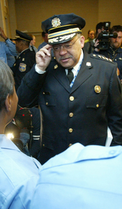 Commissioner Ramsey, speaks with police cadets after presenting his crime-fighting strategy yesterday at the Wachovia Center. EDITORIAL, Page 19.