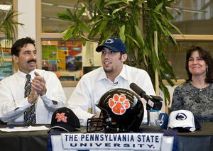 MARPLE NEWTOWN HIGH DEFENSIVE END Pete Massaro Jr. signed his letter of intent to play football at Penn State yesterday to the delight of his parents, Pete Sr. and Lisa.