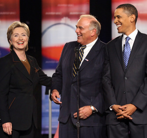 Gov. Rendell between Clinton and Obama in October. A Rendell-ordered deadline extension gave Clinton time to complete her April 22 primary slate.