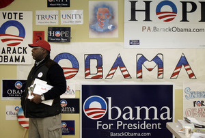 Tim Roseboro of Northeast Philadelphia was among the volunteers at Barack Obama's new Philadelphia headquarters. Hillary Rodham Clinton's campaign opens its headquarters today.