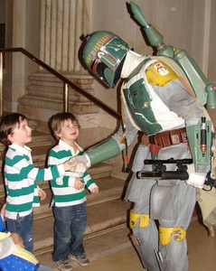 At "Star Wars : Where Science Meets Imagination," two fans meet the bounty hunter Boba Fett at the Franklin. The show opened Feb. 9.
