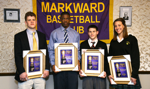 From left, Malvern Prep's Ryan Nassib (Inter-Ac), Communications Tech's Andrew Randall (Public League), Archbishop Ryan's Andrew Rogers (Catholic League) and Archbishop Wood's Rosie Tarnowski won high-school-basketball-player-of-the-year awards yesterday from the Markward Basketball Club. Rogers was named top overall male senior and Tarnowski was named the top overall female senior.