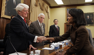 Secretary of State Condoleezza Rice greets Rep. Jerry Lewis (R., Calif.) before testifying about her department's 2009 budget.
