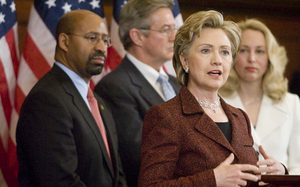 Hillary Clinton (front), with (from left) Mayor Nutter, Joseph Wilson and Valerie Plame Wilson.