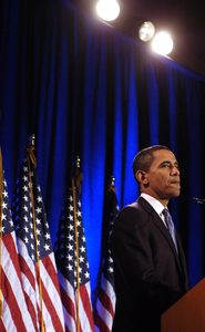 Sen. Barack Obama delivering his address on race and politics at the National Constitution Center yesterday.