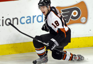 MIKE RICHARDS celebrates first-period goal that gave Flyers 1-0 lead over Rangers last night at Wachovia Center. Flyers beat the Rangers, 4-3, in a shootout. To read about Flyers' win, go to: http://www.philly.com/dailynews/sports