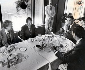 Jimmy Carter (left) attends a June 1976 $1,000-a-plate luncheon at Centre Square in Philadelphia with (from left) John Bunting and Mayor Frank Rizzo.