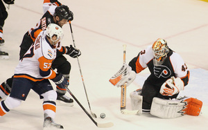 Martin Biron, who was sharp against the Islanders on Sunday, stopping 32 of 33 shots, will start in goal tonight against the New York Rangers.