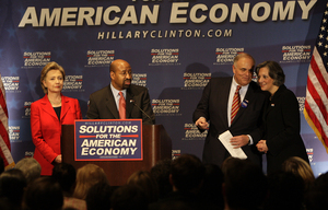 At Penn yesterday (from left), Sen. Hillary Clinton, Mayor Nutter, Gov. Rendell and U.S Rep. Allyson Schwartz.