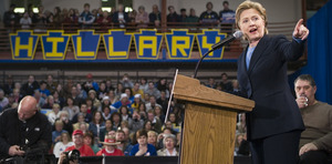 Sen. Hillary Rodham Clinton talks to a campaign crowd in Greensburg, near Pittsburgh. "We have a choice when it comes to our pastors," she said.