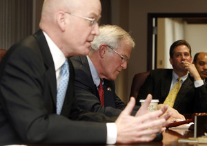 Montgomery County Commissioners (from left) Democrat Joseph M. Hoeffel and Republican James R. Matthews, seen in January, have relegated Republican Bruce L. Castor Jr. (right) to the sidelines.