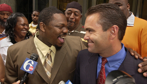 In much happier times, Beanie Sigel is seen hugging his attorney, Fortunato Perri, after the South Philadelphia rapper was acquitted in September 2005 of attempted murder.
