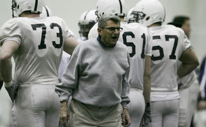 Joe Paterno shouts to his Penn State charges during a spring practice yesterday. The 81-year-old, who wants to coach at least two more years, remains unfazed by the lack of a new contract. "I don't even care if I get a contract," he said.