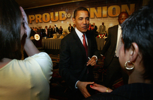 Sen. Barack Obama greets supporters after speaking yesterday morning at AFL-CIO convention at the Sheraton Hotel.