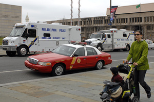 Emergency vehicles were parked outside the National Constitution Center during the rollout of the text-alert system. The service was set up with $900,000 in federal funds.