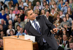 Sen. Barack Obama addresses supporters at Great Valley High School in Malvern yesterday.