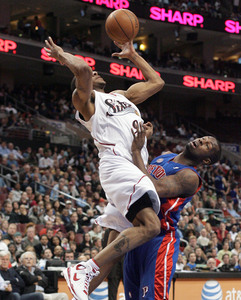 Andre Iguodala takes the ball to the goal and draws a foul from Rodney Stuckey, a Pistons sub who saw plenty of action.