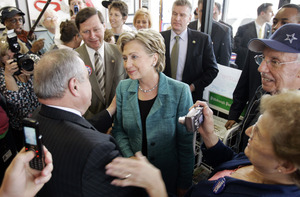 Sen. Hillary Rodham Clinton campaigns at the Hot Metal Diner in West Mifflin, Pa. She said Barack Obama wants to shut out Democratic voters in Michigan and Florida. "He doesn't want the votes to count," she said. "Let's not mince words here."